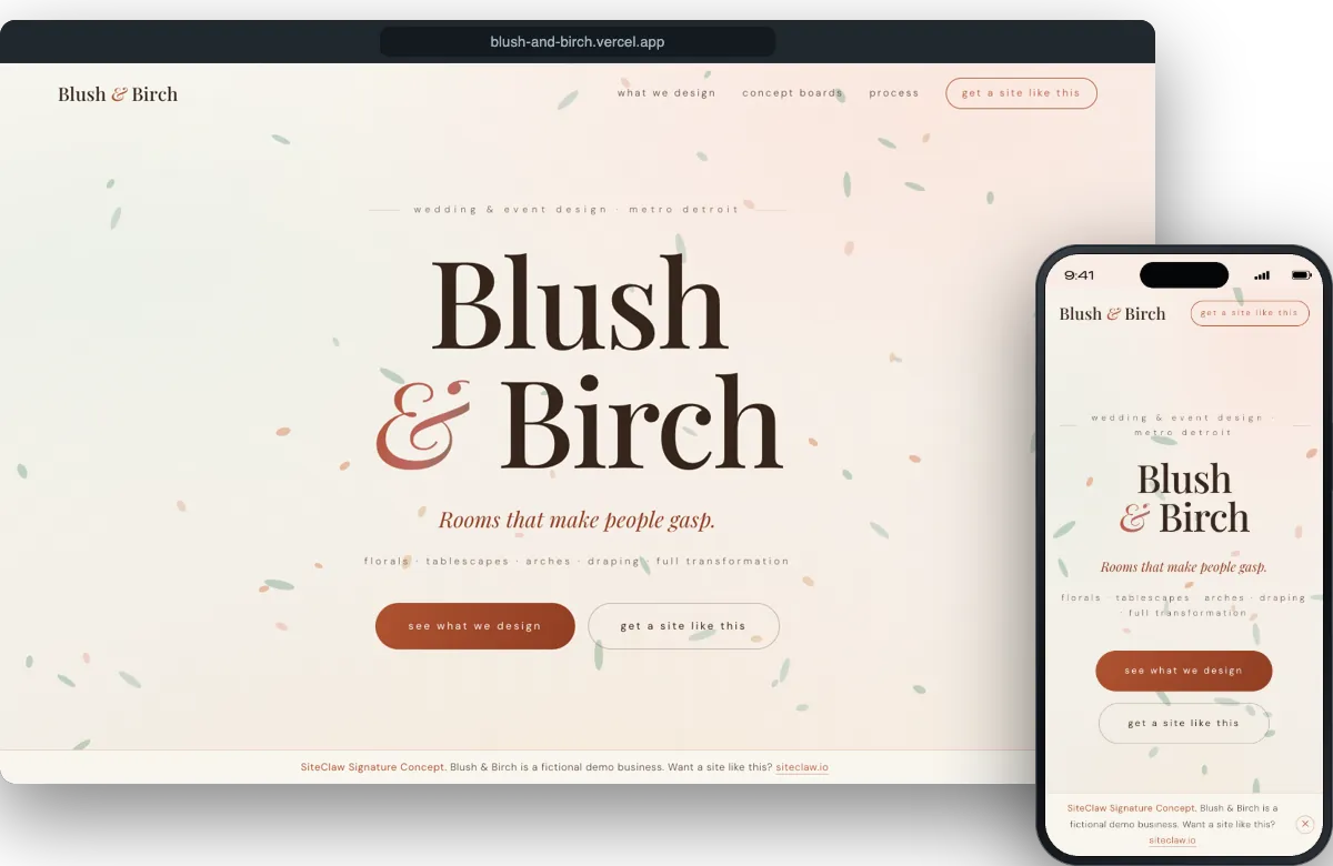 Blush and Birch demo site on a laptop and a phone
