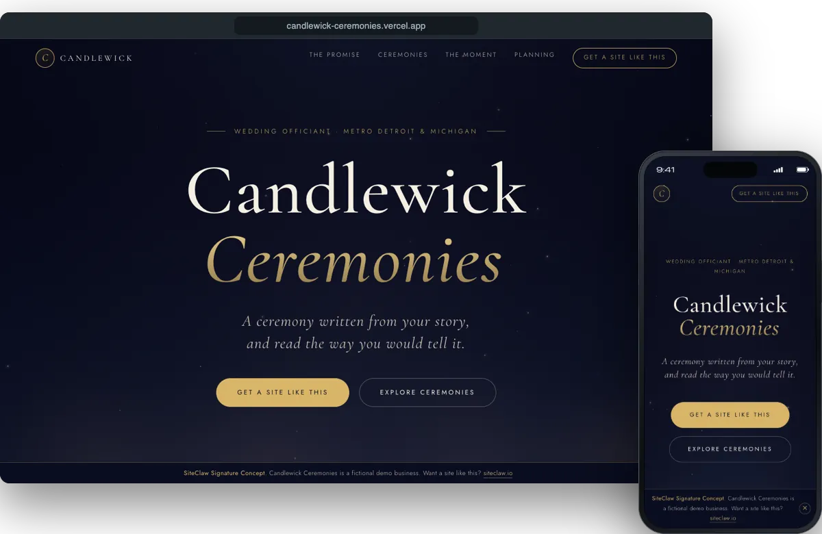 Candlewick Ceremonies demo site on a laptop and a phone