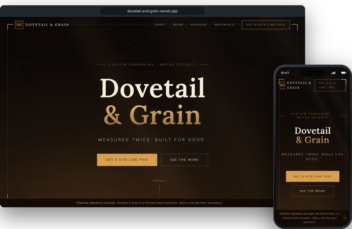 Dovetail and Grain demo site on a laptop and a phone