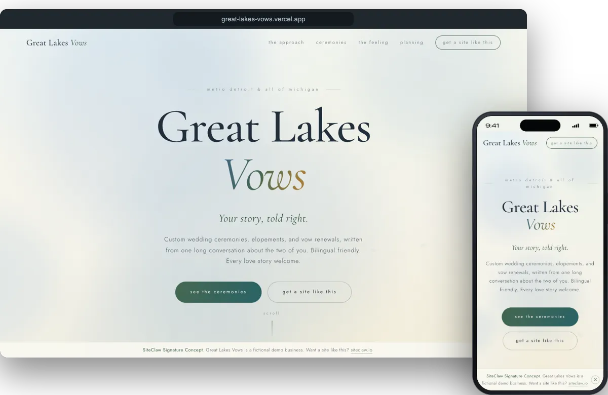 Great Lakes Vows demo site on a laptop and a phone