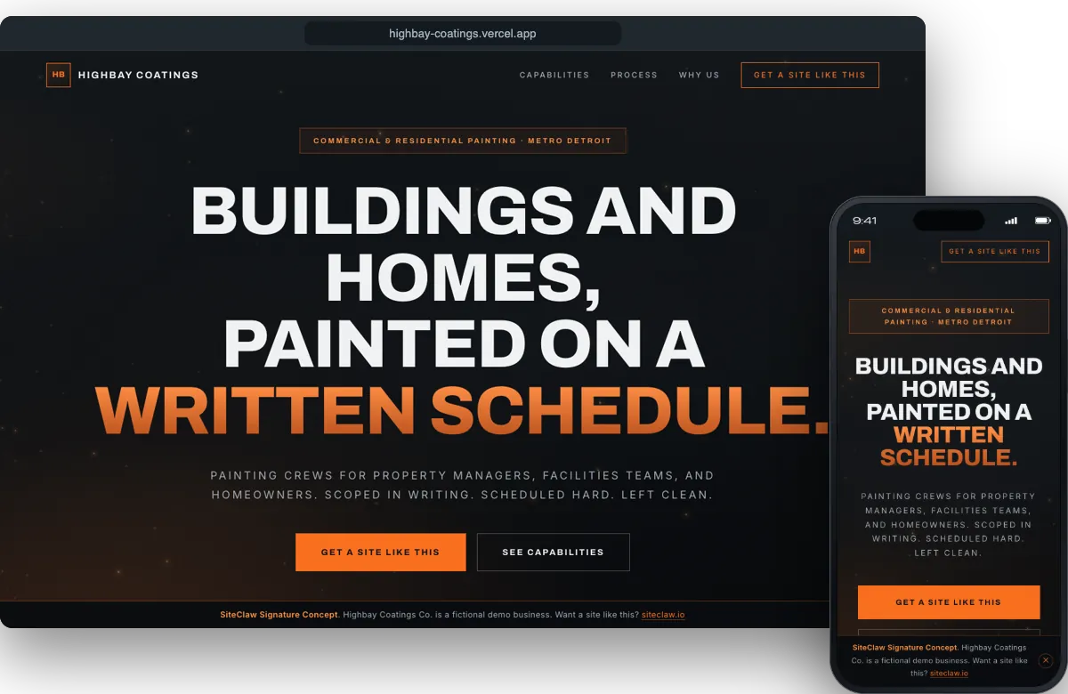 Highbay Coatings Co. demo site on a laptop and a phone