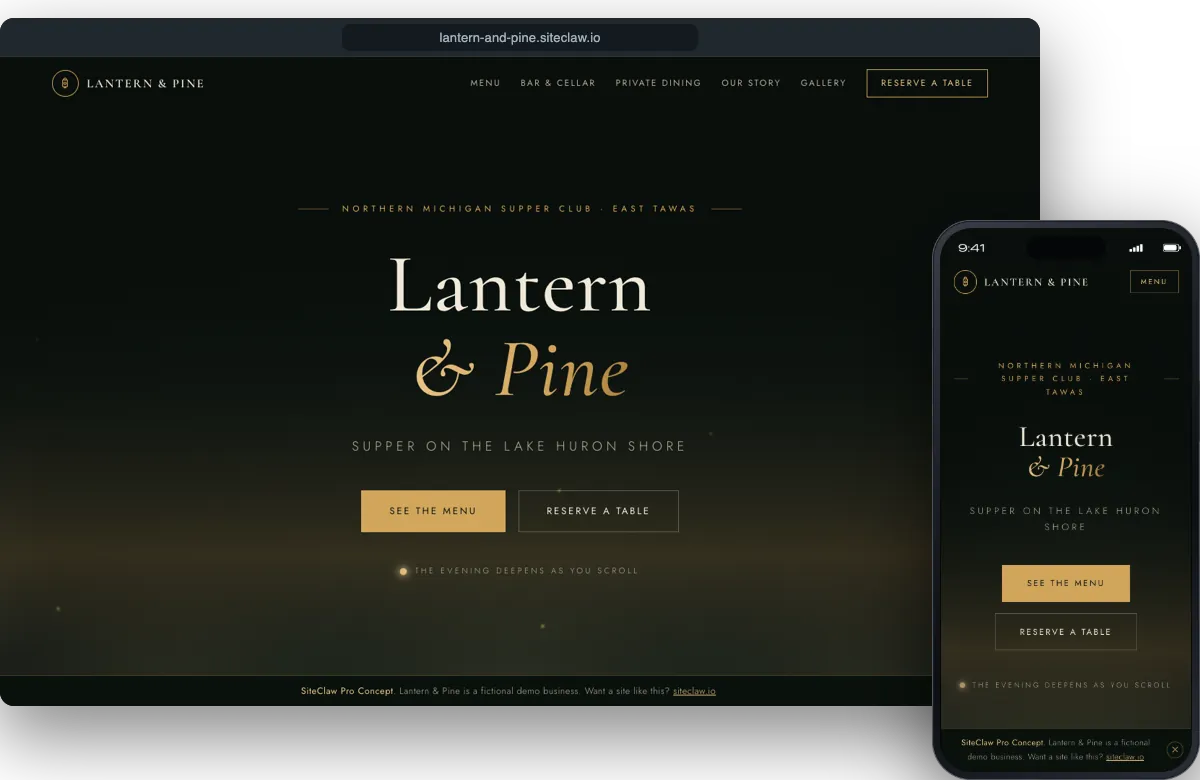 The Lantern and Pine Supper Club demo site on a laptop and a phone