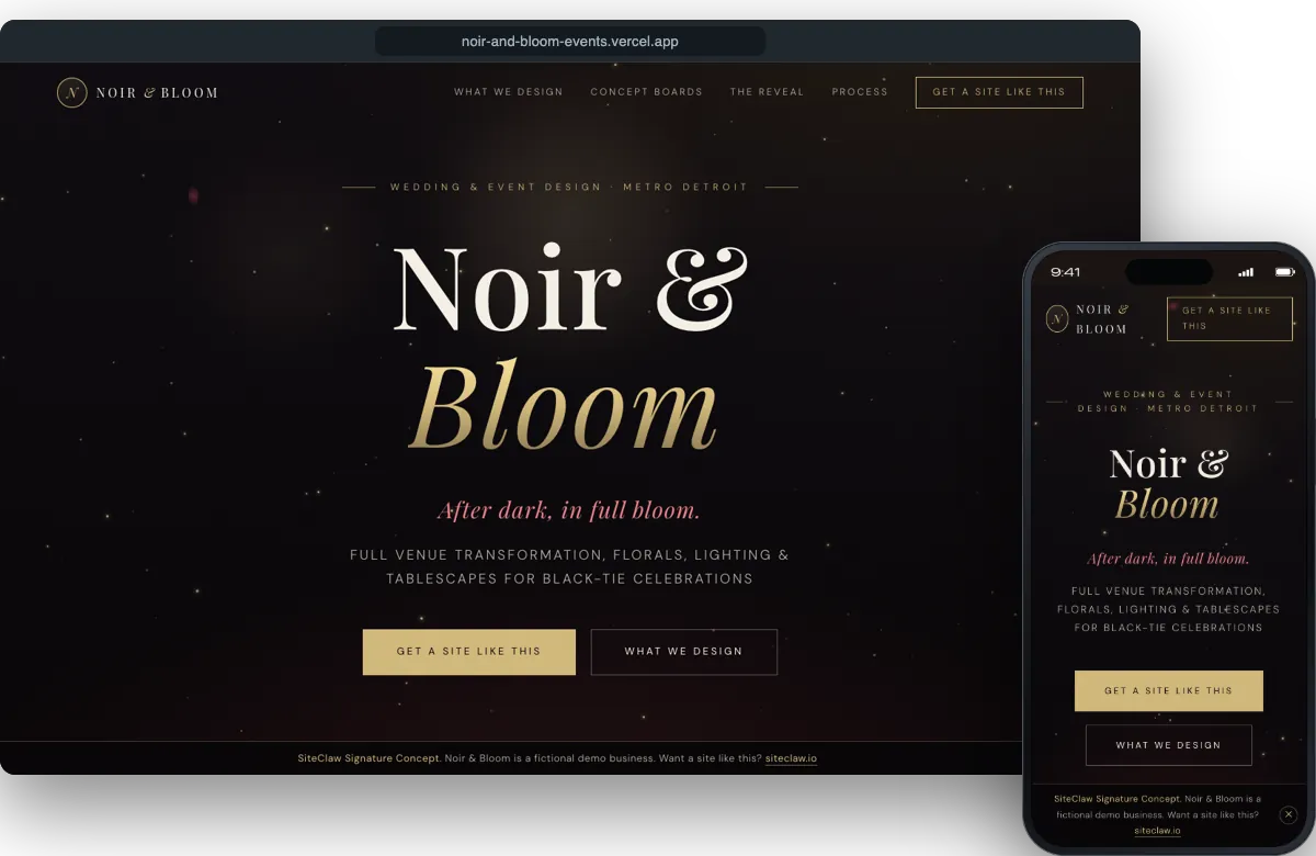 Noir and Bloom demo site on a laptop and a phone
