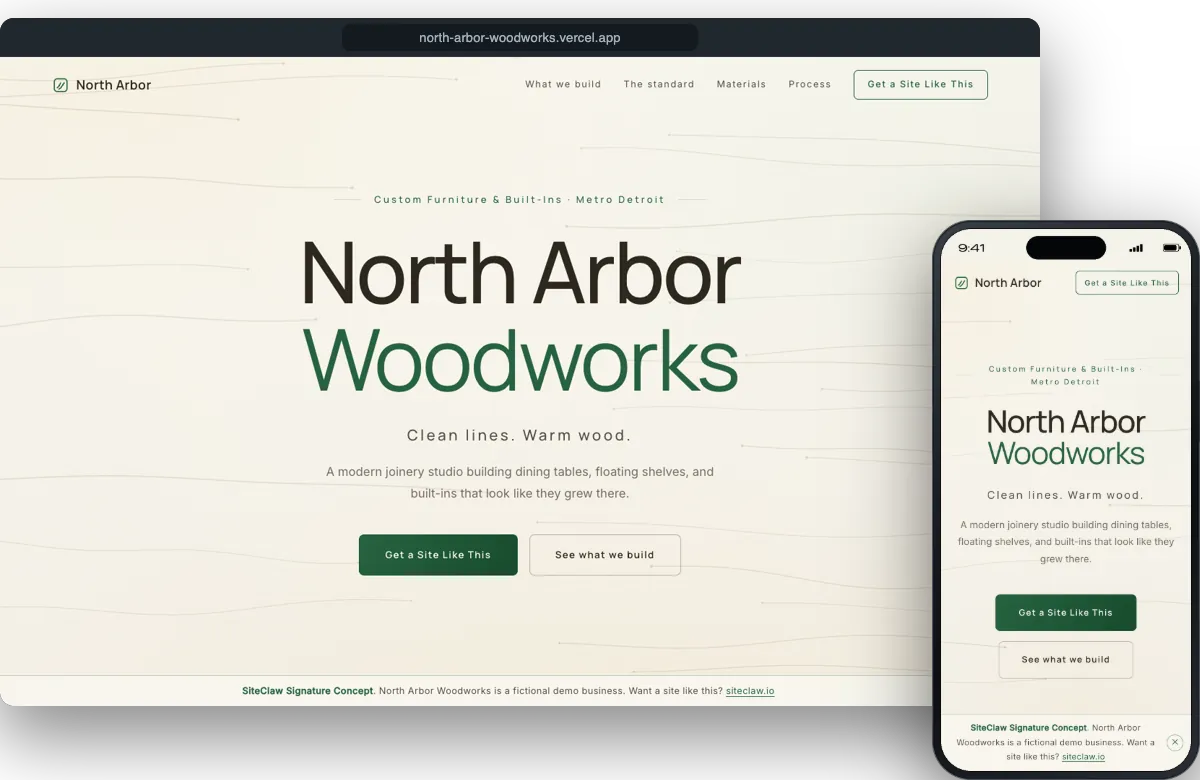 North Arbor Woodworks demo site on a laptop and a phone