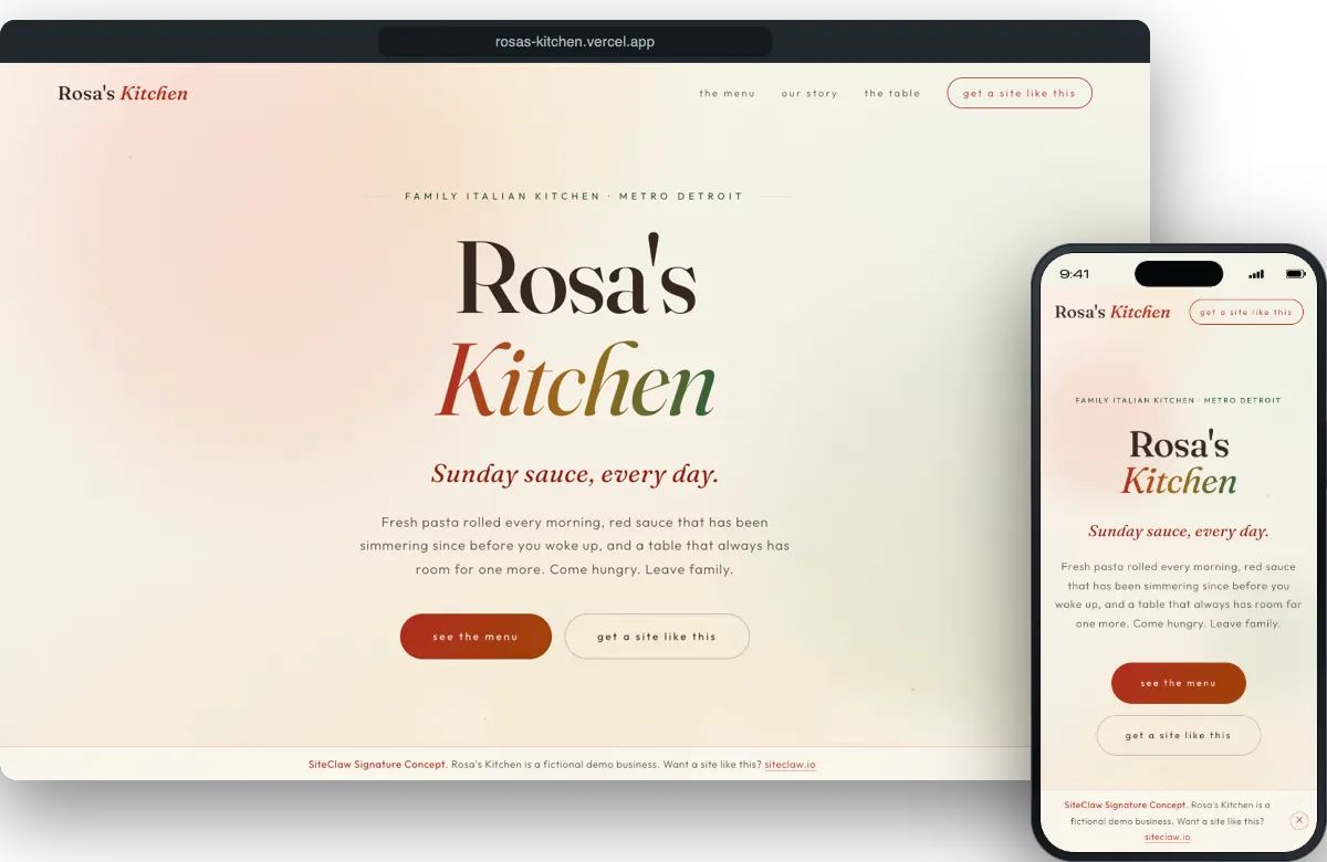 Rosa's Kitchen demo site on a laptop and a phone