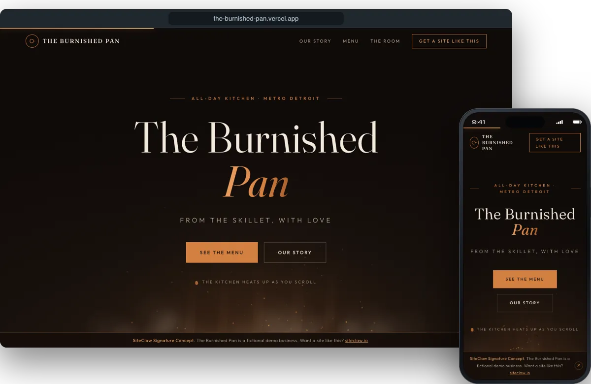 The Burnished Pan demo site on a laptop and a phone